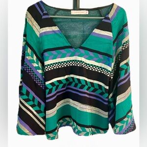 Traffic People Geometric Retro V- Neck Top 🎨 Y2K, Vintage, Maximalist,‎ Artsy